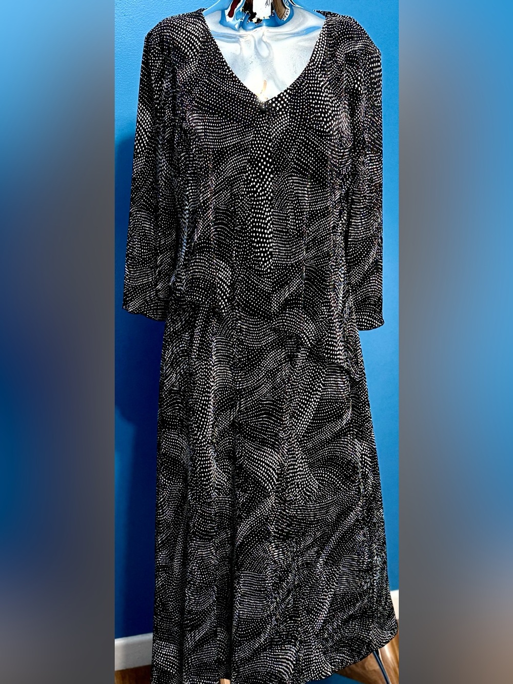 connected apparel Black Dress with White Dot Swirl Pattern L